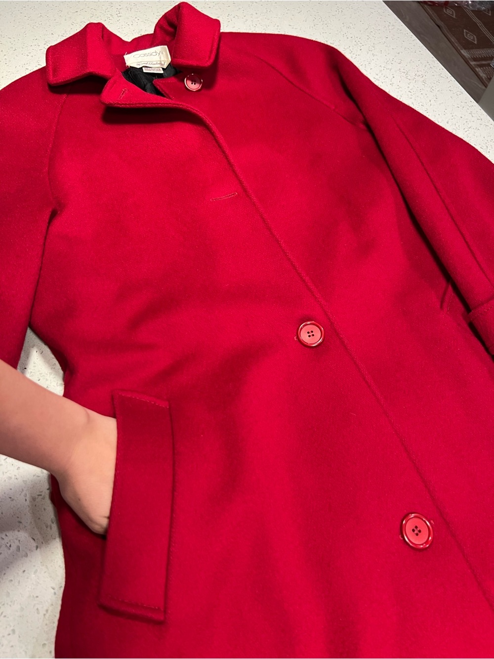 Vintage 80s Cassidy Hand Tailored 100% Pure Wool Cherry Red Coat - Picture 3 of 9